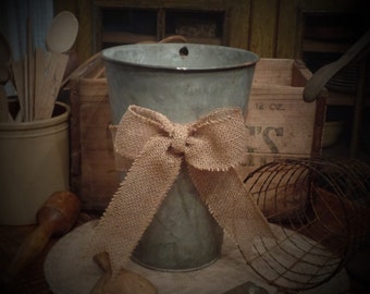 Vintage Galvanized Burlap Bow Sap Bucket~Farmhouse Kitchen & Bath Decor~Bucket Planter~Flower Planter~Shabby Chic Bucket~Organizer~Rustic