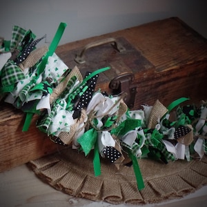 Rustic Farmhouse St. Patrick&#39;s Day Shamrock Fabric Lighted Rag Garland~Green~Burlap~Bows~Primitive Homespun Fabric~Mantle~Cupboard Tops~