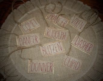 Primitive Christmas Stitched Hang Tags~Rustic Reindeer Hang Tags~Farmhouse Christmas~Grungy Coffee Stained Hang Tags~Prim Pencil Tree