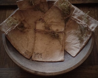 Primitive Herb Seed Packs~Aged~Farmhouse~Bowl Fillers~Sweet Annie~Jute~Set of 5~Prairie Cloth~Garden Seeds Pouches~Rustic Decor