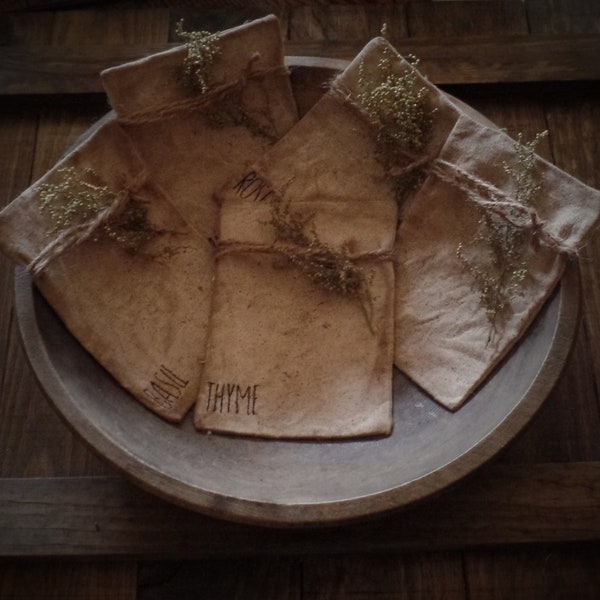 Primitive Herb Seed Packs~Aged~Farmhouse~Bowl Fillers~Sweet Annie~Jute~Set of 5~Prairie Cloth~Garden Seeds Pouches~Rustic Decor