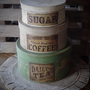 Primitive Distressed Aged Grungy Nesting Pantry Boxes~Farmhouse Rustic Stacking Kitchen Boxes~Muted Sage~Taupe~Cream~Grungy Pantry Labels