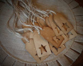 Americana Rustic Farmhouse Primitive Coffee Stained Hang Tags~Star Cut Out~~Cinnamon Scented~Natural Jute~Ornaments~Packages~Junk Journal~