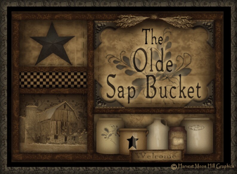 K&ouml;nnte beinhalten: Ein Kunstwerk im rustikalen Stil mit einem Stern, einer Scheune und verschiedenen Gl&auml;sern und Beh&auml;ltern. Der Text "The Olde Sap Bucket" ist deutlich zu sehen. Das Kunstwerk hat eine Vintage- und Landhaus&auml;sthetik mit einem "Welcome"-Schild.