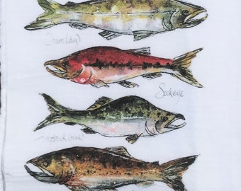 Watercolor "Pacific Salmon" Flour Cloth Dishtowel