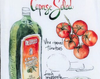 Watercolor "Caprese Salad Recipe" Flour Cloth Dishtowel