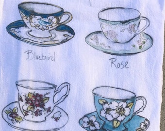 Watercolor "Tea Cups" Flour Cloth Dishtowel