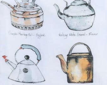 Watercolor "Classic Tea Kettle Classic" Flour Cloth Dishtowel