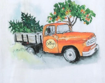 Water Color "Orange Truck" Flour Cloth Dishtowel