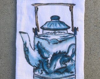 Watercolor "Blue Porcelain Tea Pot" Flour Cloth Dishtowel