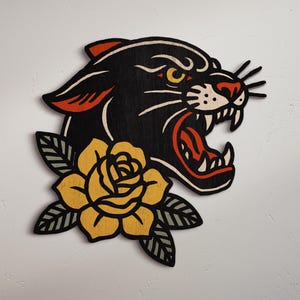 PANTHER ROSE Tattoo Wall Art – Vintage Style Wooden Wall Art – Handmade Screen Printed Decor – Tattoo Flash Inspired Gift