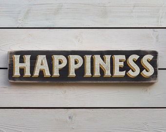 HAPPINESS Vintage Style Wooden Sign. Handmade Retro Home Gift