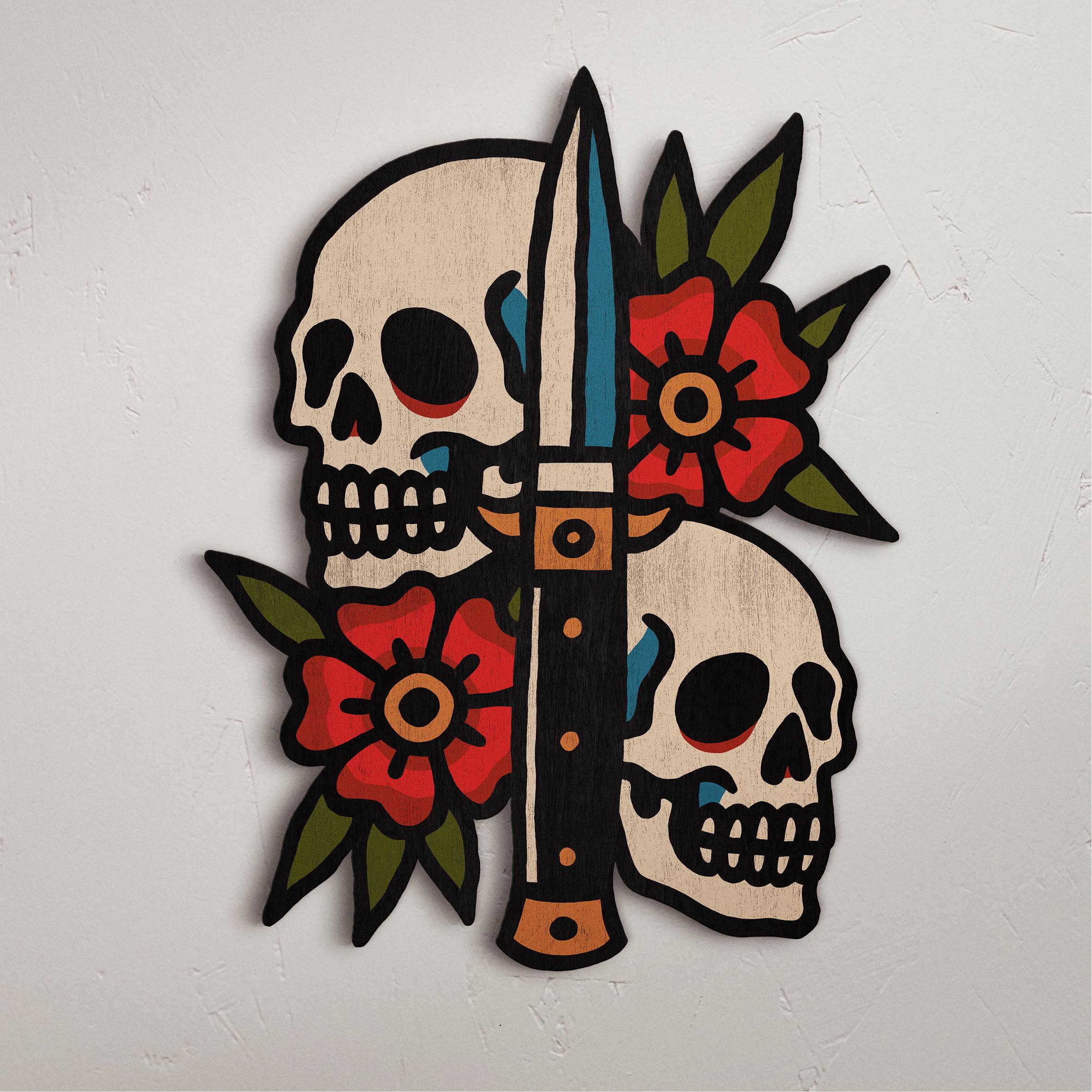SKULLS & DAGGER Tattoo Wall Art – Vintage Style Wooden Wall Art