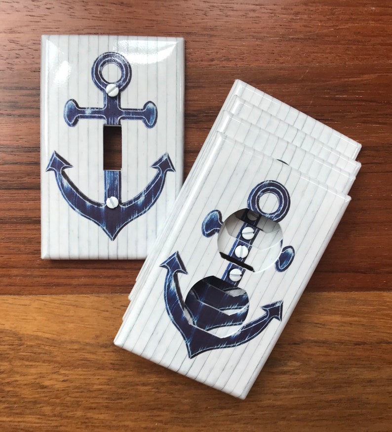 Nautical Anchor Light Switch Plate Cover // Blue off White Etsy