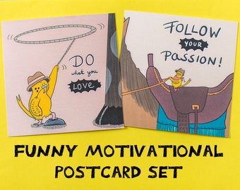Funny Statement Postcard Set with Two Cards- Do What You Love - Follow Your Passion - High Quality Cardstock - Cartoon Cards
