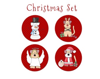 Fridge Magnet Christmas set Santa Claus Rudolph Angel Snowman Airedale Terrier  Funny Cute  - 38 mm / 1 1/2 inches