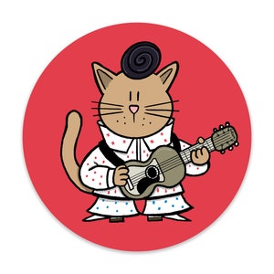 Elvis Presley Cat Rock’n’Roll Musique Fifties Rock Icon Drôle Mignon Réfrigérateur Aimant Pocket Mirror pinback bouton badge Carte postale