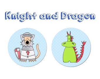 Dragon and Knight Middle Ages Medieval Children Fantasy Kids Adventure two pinback button set - 38 mm / 1 1/2 inches
