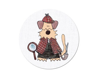 Sherlock Holmes Detektiv Airedale Terrier Hund Button Magnet Flaschenöffner Aufkleber England