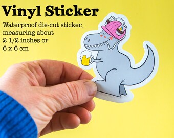 Waterproof Vinyl Sticker T-Rex with Beer Helmet - Funny Sticker Cartoon