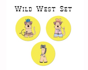 Wild West Cowboy Native American Indian Sheriff Horse Airedale Terrier Children Kids Funny three pinback button set Whimsical Boys Girls Kid