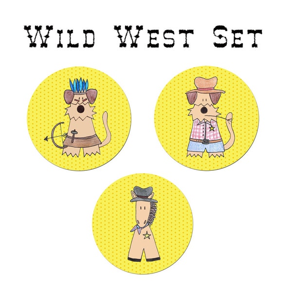 Wilder Westen Cowboy Indianer Jungen Mädchen Button Aufkleber Magnet