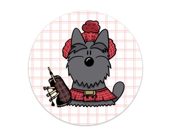 Niedlicher Scottie Hund Scottish Terrier Scotsman Dudelsack Kilt Lustiger niedlicher Kühlschrank-Magnet-Taschen-Spiegel-Knopf-Abzeichen-Aufkleber-Aufkleber