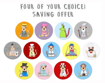 Saving Offer Four Pinback Button Badges Fridge Magnets of your choice set Cute Whimsical Gift Idea Airedale Terrier Dog Funny Geek Nerd
