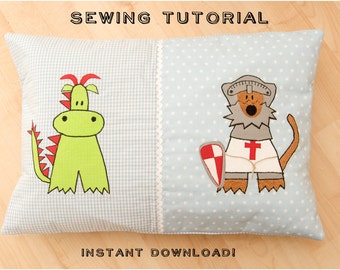 INSTANT DOWNLOAD pdf sewing tutorial Dragon and Knight Cuddle Pillow Whimsical Cushion Nursery Applique Boys Girls Kids Children Gift Idea