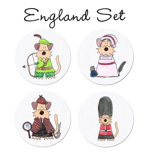 England Set - Magnet, Button, Flaschenöffner, Taschenspiegel oder Aufkleber Beefeater Jane Austen Robin Hood