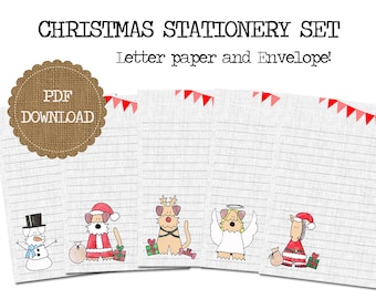 Briefpapier Set Download PDF Weihnachten Weihnachtsmann Rentier Engel Briefpapier und Umschlag Lustig Süß Hund Airedale Terrier Snail Mail