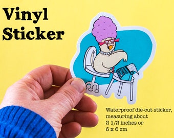 Waterproof Vinyl Sticker Retro Secretary Budgie on Typewriter - Funny Sticker Cartoon