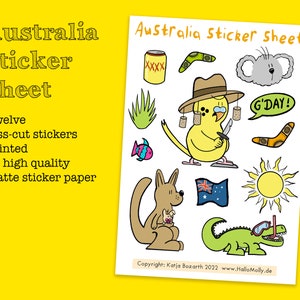 Australia Sticker Sheet - Kiss cut Stickers on matte paper - Cute Funny Kawaii -Budgie Kangaroo Koala Crocodile Boomerang