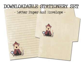 Sherlock Holmes Printable pdf Stationery -  England Cute Kawaii Envelope Letter Paper Download Dog Airedale Terrier Funny Snail Mail