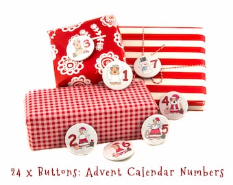 Adventskalender Buttons Zahlen 24 Button Set Weihnachtsmann Rudolph Hund Pferd Katze Kuh witzig