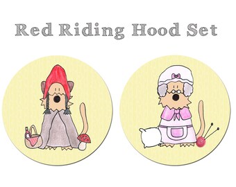 Little Red Riding Hood Grandma Fairy Tale Brothers Grimm Cute Funny Airedale Terrier Dog  two pinback button set - 38 mm / 1 1/2 inches