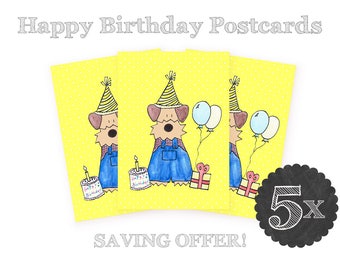Saving Offer 5 Post Card Set Happy Birthday Postcard Funny Cute Dog Airedale Terrier Welsh - 10 x 15 cm by Hallo Molly