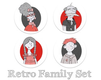 Retro Midcentury Fifities Family fridge magnet set button badges stickers mother father daughter son Whimsical Gift Idea Boys Girls Family