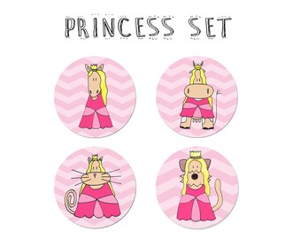 Princesses Cat Cow Horse Dog Airedale Terrier Pink Yellow Cute Fairy Tale Funny Humorous four pinback button set - 38 mm / 1 1/2 inches