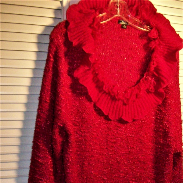 Sweater 1X, Ruffled Knitted Glitterati Frilly Holiday Sweater.  Red As Red Can Be.  Femme Fatali Go Anywhere Vintage Find!  see details
