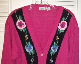 Cardigan Sweater Large, Cotton and Ramie Embroidered Hot Pink Vintage Find, - see details