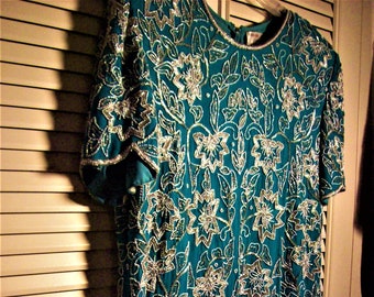 Dress 14, Adrianna Papell Evening Collection, Silk, Maxi, Bugle Beads, Silver, Glorious Evening Party Dress, - see details