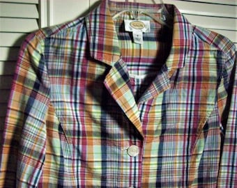 May include: A multi-colored plaid blazer with a notched collar, two front pockets, and three white buttons. The blazer has long sleeves and a tailored fit. The tag reads "Talbots".