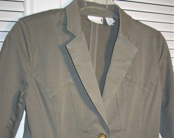 Jacket 4P, Cotton Slate Snappy Jacket by Chico's.  Brass and Sass Trim, Vintage Spring Find. - see details