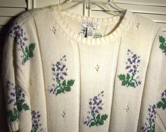 Sweater Large, Lilacs by Cambridge Dry Goods!  Knitted Ramie/Cotton Short Sleeves! FIVE STAR Find!