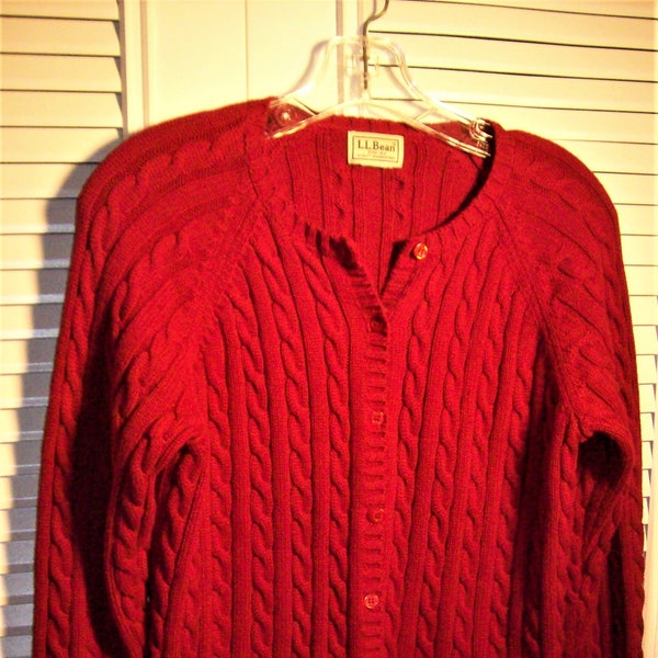 Sweater Small - Medium, L L Bean  Cotton Cable Knitted Holiday Red Cardigan