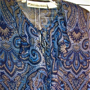 Blouse 6, J H Collectible Paisley Royal Blue Ruffled Blouse. Ruffled and Buttoned Front, FIVE STAR Vintage Paisley Find see details image 1