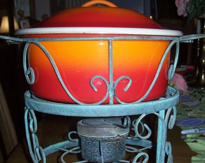 Vintage Fondue 2 Qt Ceramic Pot W Wrought Iron Base. Sterno or Candle