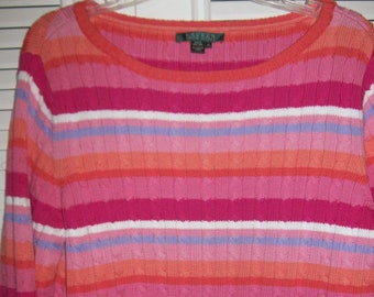 Vintage Lauren Ralph Lauren Pink and Orange Cotton Ribbed Cable Pullover Sweater XL
