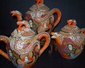 Vintage Japanese Satsuma Moriage Teapot, Sugar, Creamer, perfect PRICE ALERT no flaws
